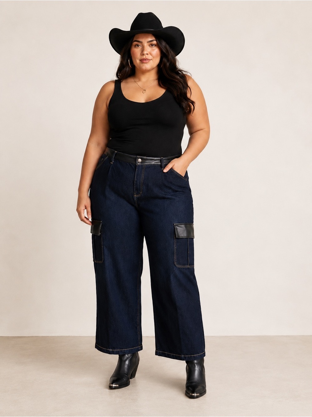 Peace Love World 22WP Luxe Faux Leather Trim Cargo Jeans Black Label Y2K Western